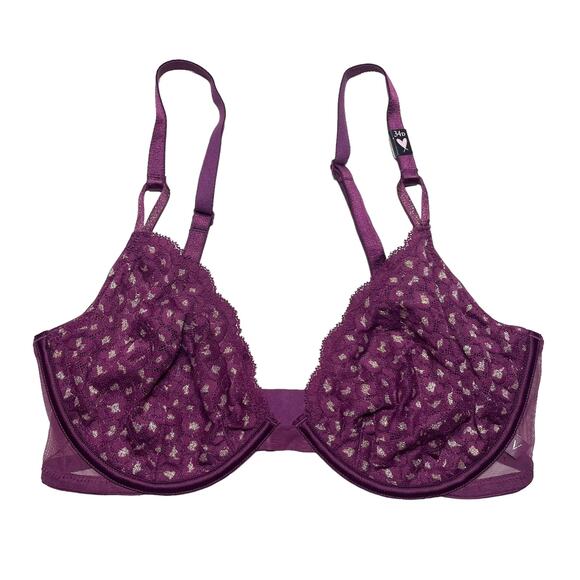 Victoria's Secret Unlined Demi Bra Very Berry Leopard Lace Gold Shine Size 34D - Picture 1 of 3